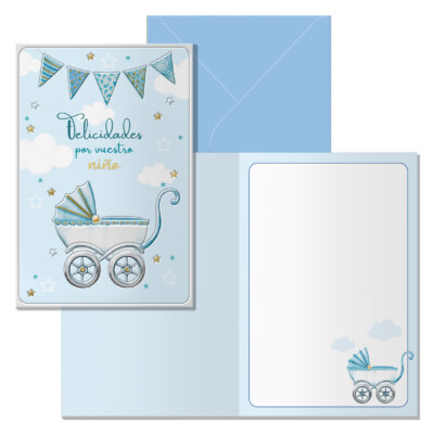 Dohe - Tarjeta de Felicitación Nacimiento - Tamaño 11,5 x 17 cm - Modelo Carrito