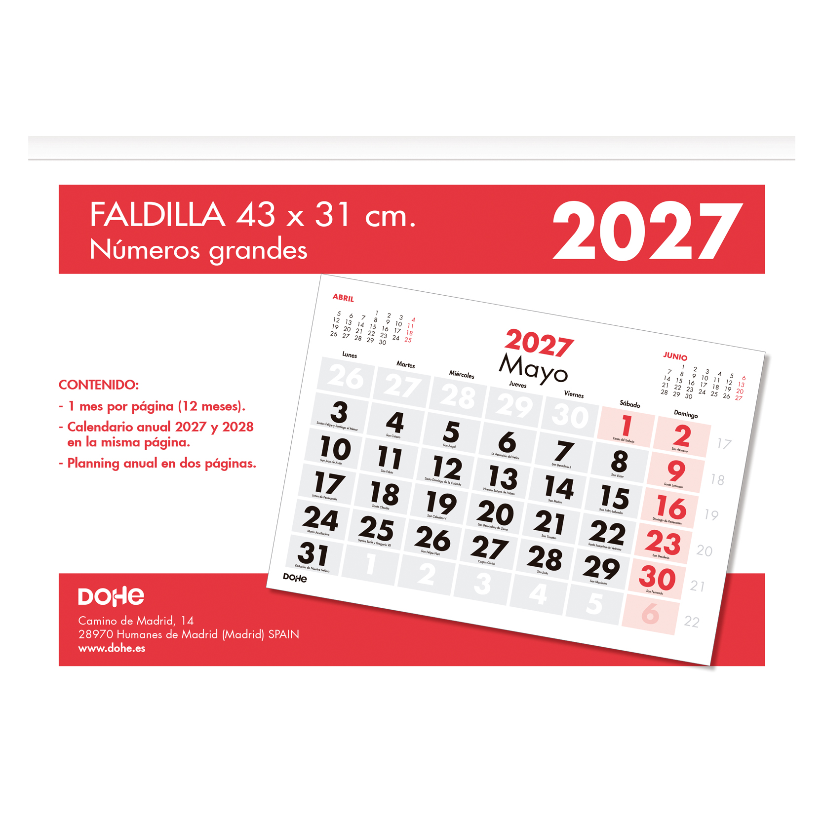Dohe - Calendario sobremesa / Faldilla - 43 x 31 cm. - Números grandes