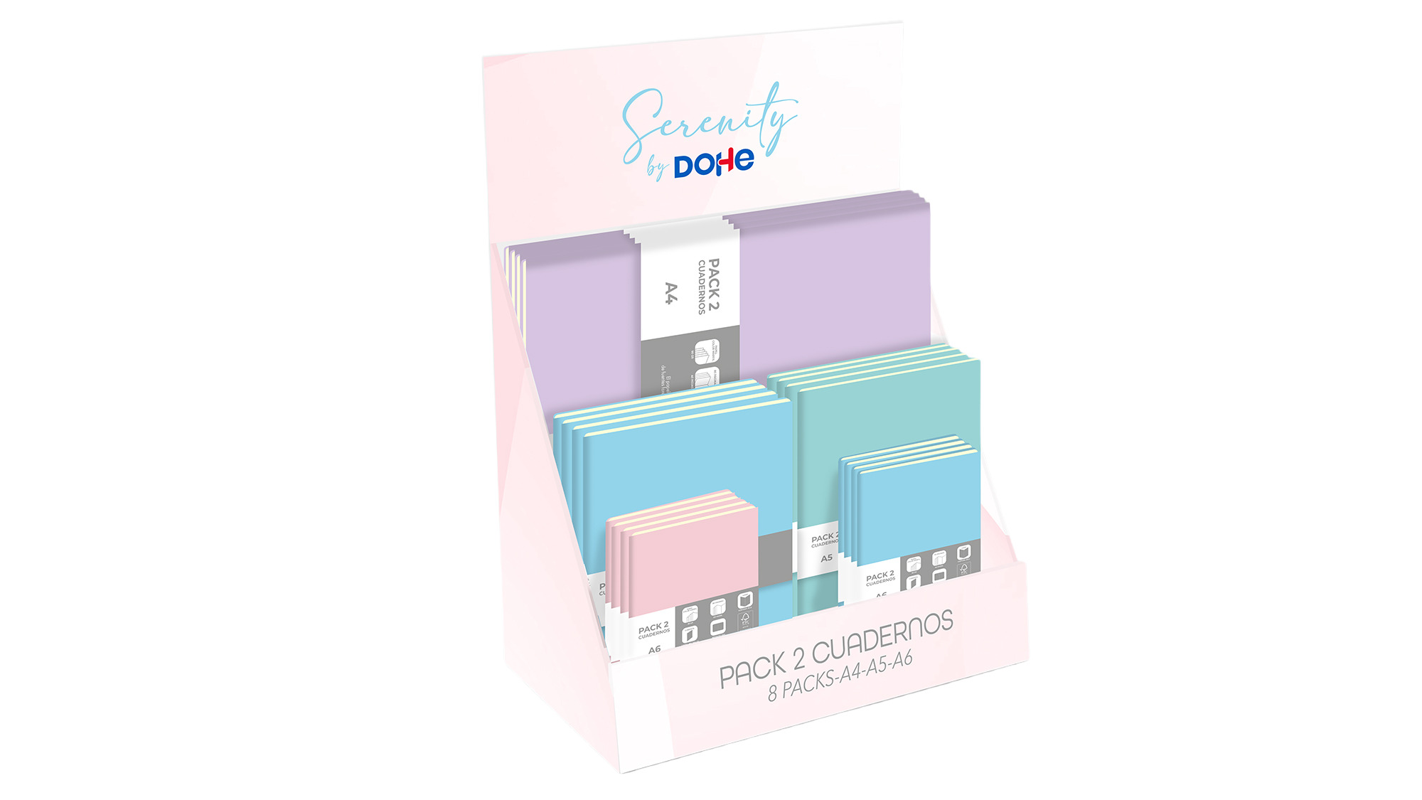 Dohe - Expositor Cuadernos - 24 packs de 2 cuadernos (A4, A5 y A6) - Serenity