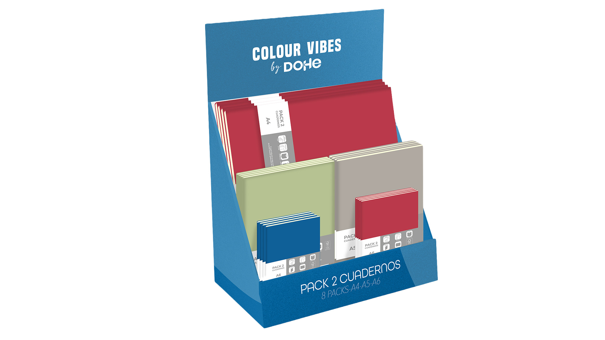 Dohe - Expositor Cuadernos - 24 packs de 2 cuadernos (A4, A5 y A6) - Colour Vibes